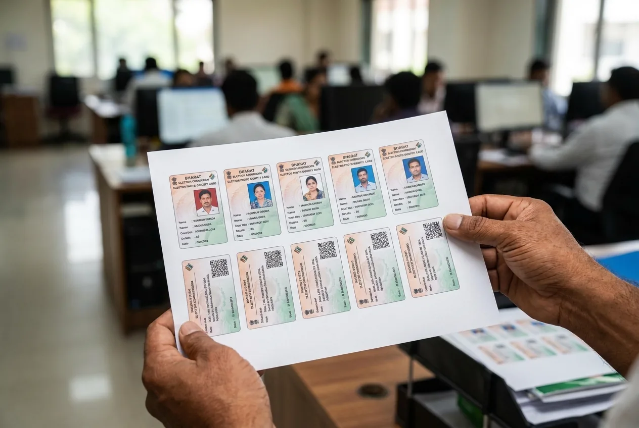 Close-up of two hands holding a freshly printed A4 landscape sheet with ten voter ID cards.